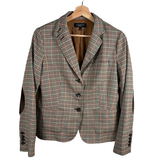 Talbots Plaid Blazer Women SZ 8 Elbow Patch Brown Wool Blend Button Front Jacket - Picture 1 of 15
